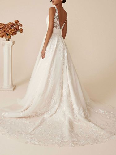 Robe de mariée simple robe de mariage col V décolleté à traîne - milanoo.com - Modalova