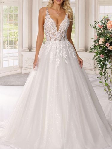 Robe de mariée simple robe de mariage col V décolleté à traîne - milanoo.com - Modalova