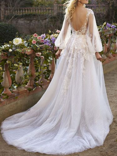Robe de mariée bohème robe de mariage col V manche longue à traîne - milanoo.com - Modalova