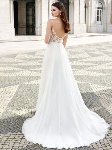 Robe de mariée simple en dentelle col en V décolleté boutonnée sur dos à traîne courte - milanoo.com - Modalova