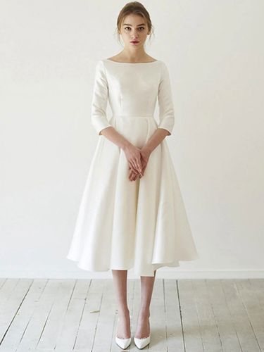 Robe de mariée courte col rond demi manche zip sur dos - milanoo.com - Modalova