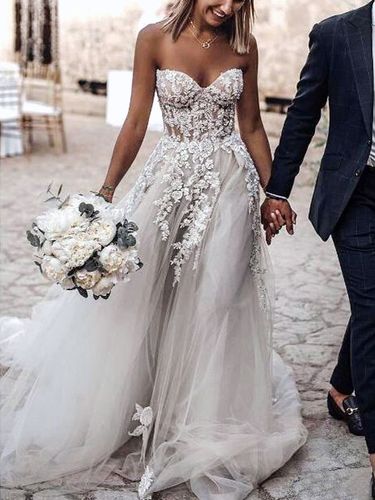 Robe de mariée blanche dos nu en dentelle à traîne robe boho mariage - milanoo.com - Modalova