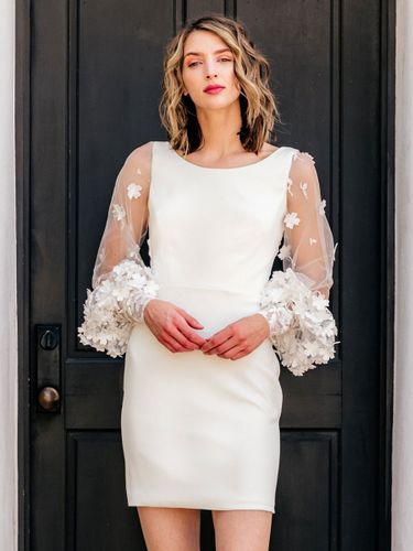 Robe de mariée courte col rond manche longue zip sur dos - milanoo.com - Modalova