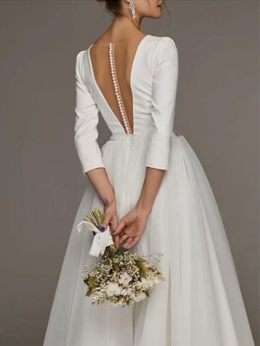 Robe de mariée courte blanche col v demie manche boutonné sur dos - milanoo.com - Modalova