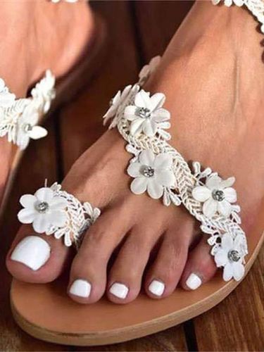 Chaussures de mariage Boho Sandales plates à fleurs avec boucle d\'orteil - milanoo.com - Modalova