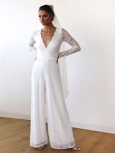 Combinaison de mariée en dentelle tenue de mariée civil col V manche longue - milanoo.com - Modalova