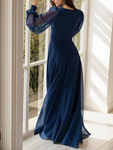 Robe de soirée pour mère de la mariée col en v manches longues ligne a robes d\'invitées plissées pour mariage - milanoo.com - Modalova