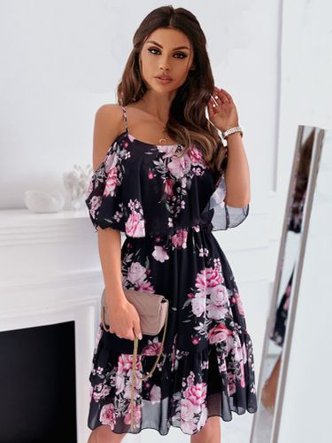 Robe Fleurie Patineuse Courte Imprimé avec Bretelles avec Volants Coupe Cintrée Bas Evasée - milanoo.com - Modalova