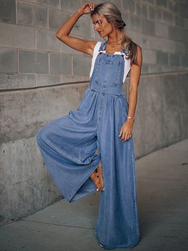 Combishort D'été Large En Jean Convertible Bleu Profond Sans Manches Avec Boutons - milanoo.com - Modalova