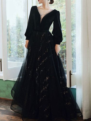 Robe de soirée trapèze col en V longueur au sol manches longues dentelle robes de soirée formelles - milanoo.com - Modalova