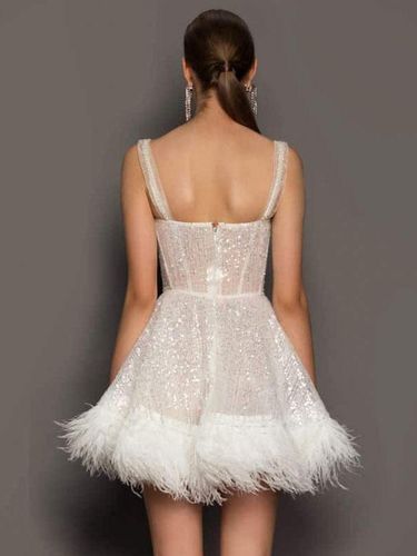 Robe de soirée écrue blanche à bretelles et col à paillettes sans manches mini-robe transparente - milanoo.com - Modalova