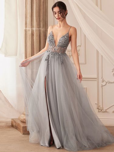 Robe de bal A-Line Col en V Tulle Sans manches Fendue devant Robes de soirée - milanoo.com - Modalova