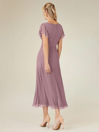 Robe de soirée pour mère de la mariée col en v manches courtes ligne a plissée longueur thé robes d\'invitées de mariage - milanoo.com - Modalova