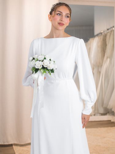 Robe de mariée simple robe de mariée vintage col rond manche longue à traîne - milanoo.com - Modalova