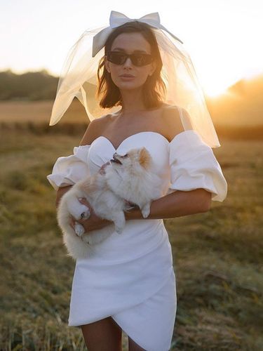 Robe de mariée courte en satin décolleté cœur manches courtes mini-robe - milanoo.com - Modalova