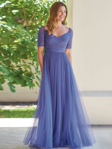 Robe de soirée pour la mère de la mariée décolleté conçu manches courtes ligne A plissée robes d\'invitées pour mariage - milanoo.com - Modalova