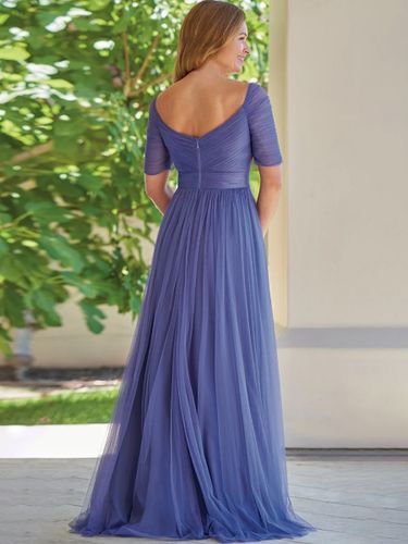 Robe de soirée pour la mère de la mariée décolleté conçu manches courtes ligne A plissée robes d\'invitées pour mariage - milanoo.com - Modalova