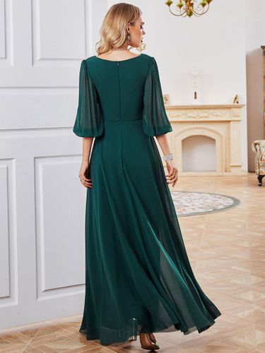 Robes De Soirée Robe Semi-Formelle Plissée À Manches Longues Col En V Vert Foncé - milanoo.com - Modalova