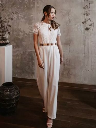 Combinaison de mariée col rond en dentelle dos décolleté Robes de mariée - milanoo.com - Modalova