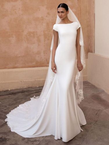 Robe de mariée sirène col bateau manche courte dos nu décoré des boutons - milanoo.com - Modalova