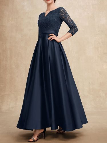 Robe mère col en V manches 3/4 ligne A en dentelle robes d\'invité pour mariage - milanoo.com - Modalova