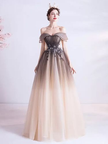 Robe de soirée A-ligne Bateau Neck Tulle Longueur ras du sol Robes de soirée formelles perlées - milanoo.com - Modalova