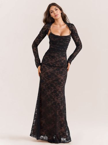 Robe trompette à lacets découpes broderie florale manches longues robes de bal - milanoo.com - Modalova