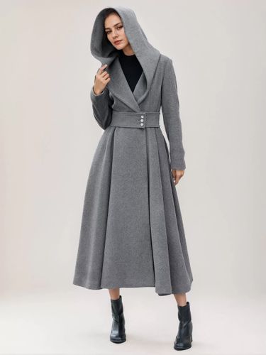 Manteau en laine évasé à capuche gris ceinturé coupe trapèze hiver long vêtements d'extérieur 2025 - milanoo.com - Modalova
