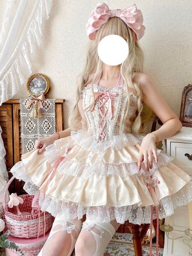 Tenues Sweet Lolita bleu ciel clair à lacets avec nœuds en dentelle et imprimé floral ensemble haut sans manches et jupe - milanoo.com - Modalova