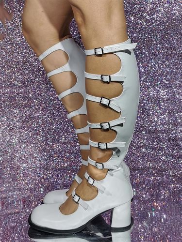 Bottes blanches à talons épais bout carré détail boucle bottes à talons doux - milanoo.com - Modalova