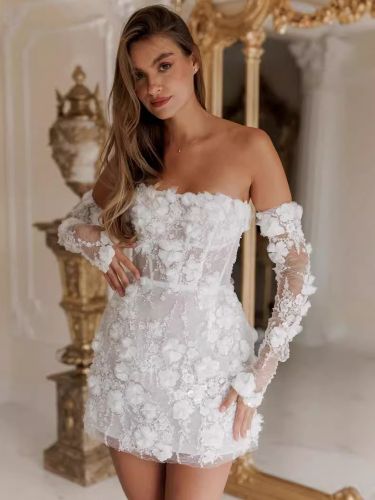 Robe de mariée courte mini bustier manches 3/4 dentelle fleurie - milanoo.com - Modalova