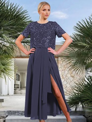 Robe de mariée mère de la mariée col bijou manches courtes coupe trapèze fendue sur le devant pour invitée de mariage - milanoo.com - Modalova