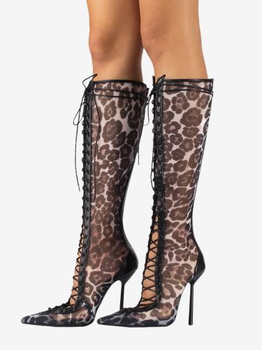 Bottes hautess en maille bout pointu lacets talons hauts - milanoo.com - Modalova