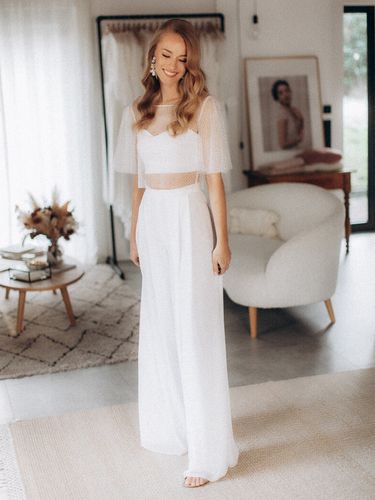Ensemble pantalon 3 pièces pour la mariée en dentelle et mousseline décolleté illusion longueur au sol manches courtes lacées - milanoo.com - Modalova