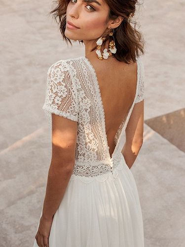 Robe de mariée simple robe de bal décolleté travaillé manches courtes robe de mariée en dentelle - milanoo.com - Modalova