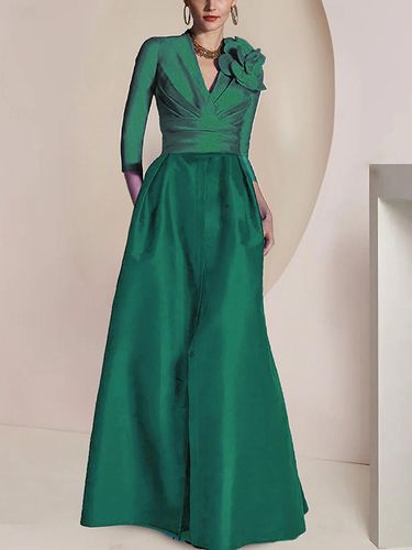 Robe de mariée pour mère de la mariée col en V manches 3/4 ligne A plissée longueur au sol robes d\'invitées pour mariage - milanoo.com - Modalova