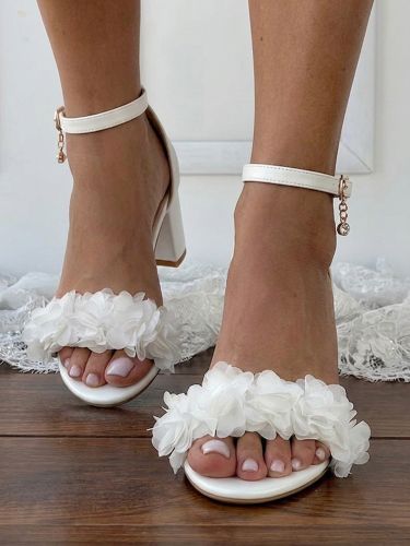 Chaussures De Mariage En Cuir PU Fleurs Blanches Sandales De Mariée À Bout Ouvert - milanoo.com - Modalova