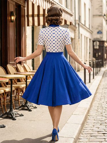 Robe trapèze rétro à pois patchwork col nœud papillon manches courtes collection 2026 - milanoo.com - Modalova