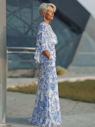 Robe de mère de la mariée col bijou manches 3/4 robe de bal plissée avec traîne robe d'invitée de mariage - milanoo.com - Modalova