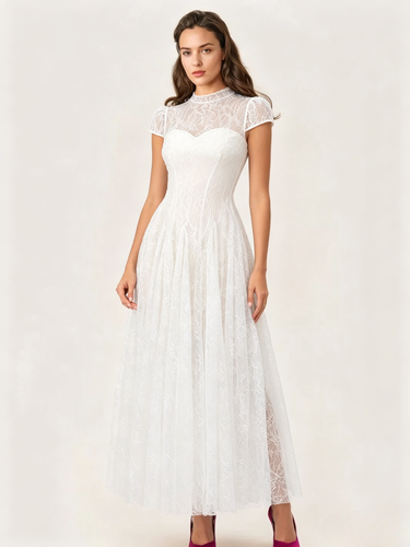 Robe de soirée maxi blanche à col montant et manches courtes évasées style rétro semi-formel - milanoo.com - Modalova