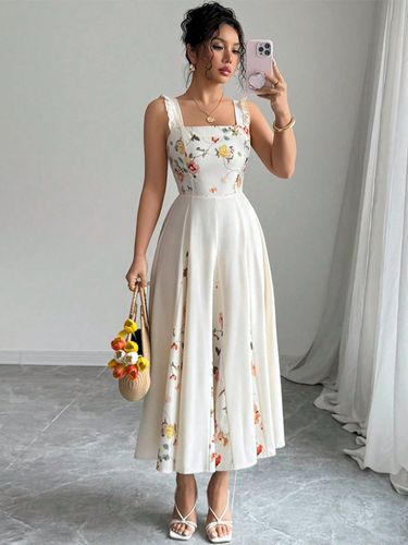 Robe de soirée longue dos nu à fleurs plissée sans manches à imprimé floral et col carré - milanoo.com - Modalova