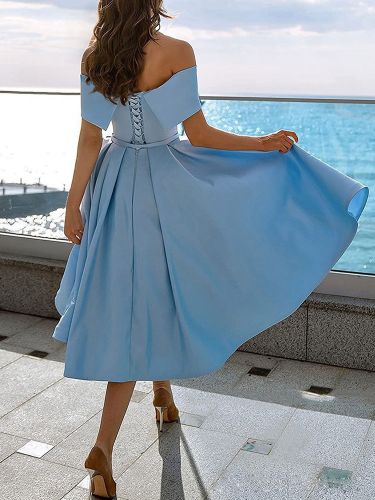 Robe de bal trapèze à épaules dénudées en satin longueur thé robe de soirée habillée - milanoo.com - Modalova