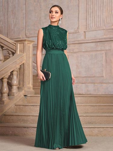 Robe de soirée maxi plissée à col montant et sequins sans manches avec nœud dans le dos - milanoo.com - Modalova
