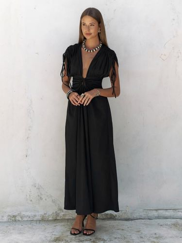 Robe de soirée longue à col en V profond et taille cordon de serrage dos nu et manches courtes style fluide idéale pour les vacances - milanoo.com - Modalova