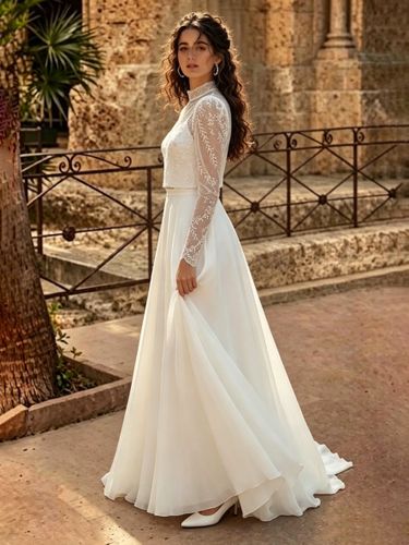 Robe de mariée trois pièces en dentelle et mousseline col rond coupe trapèze traîne fermeture éclair manches longues - milanoo.com - Modalova