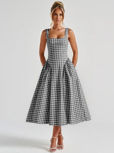 Robe de soirée élégante à carreaux sans manches col carré robe midi - milanoo.com - Modalova