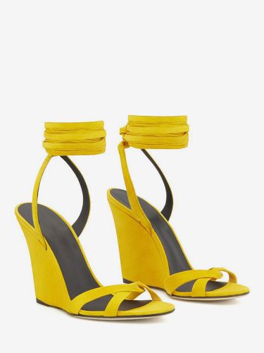 Sandales compensées en daim à bout ouvert et à lacetss - milanoo.com - Modalova