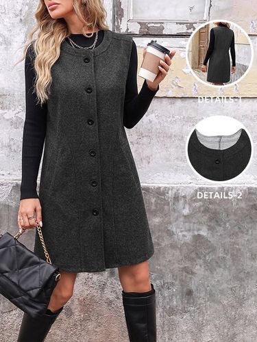 Robe-gilet midi sans manches en laine mélangée col rond boutons sur le devant style décontracté - milanoo.com - Modalova