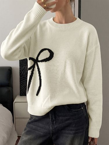 Pull en maille blanc crème à col rond manches longues et coupe ample orné d'un grand nœud noir contrastant - milanoo.com - Modalova