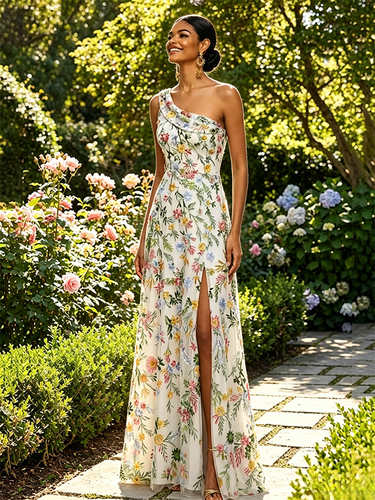 Robe longue en tulle brodée de fleurs asymétrique col drapé fente haute idéale pour une invitée de mariage ou une soirée de gala - milanoo.com - Modalova